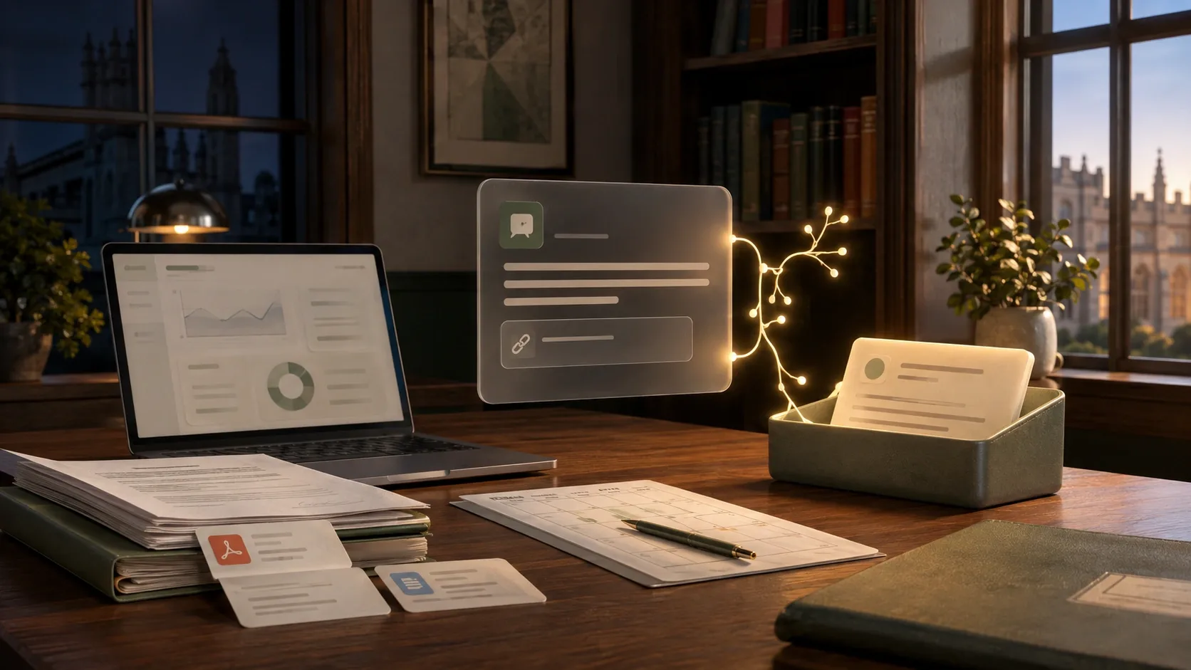 A school office desk at dusk: admissions PDFs and a website dashboard feeding a cited answer card, with the resulting family inquiry landing in an inbox tray.