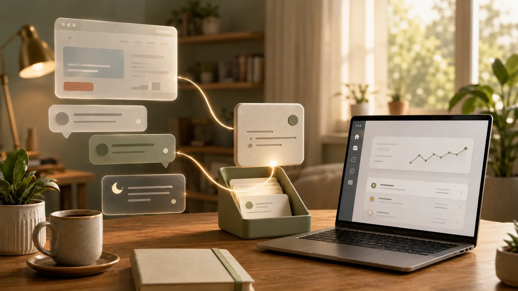 A warm home office where website messages and an after-hours enquiry flow into an organised lead tray beside a dashboard on a laptop.