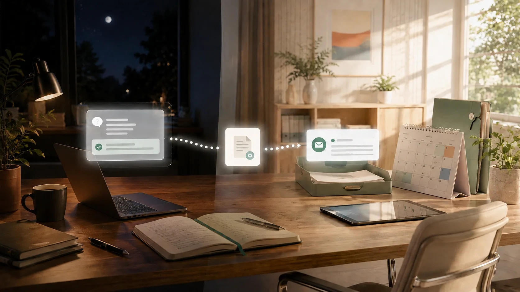 A desk at night on one side and morning on the other: a visitor's question becomes a cited answer, then a lead waiting in the inbox tray by sunrise.
