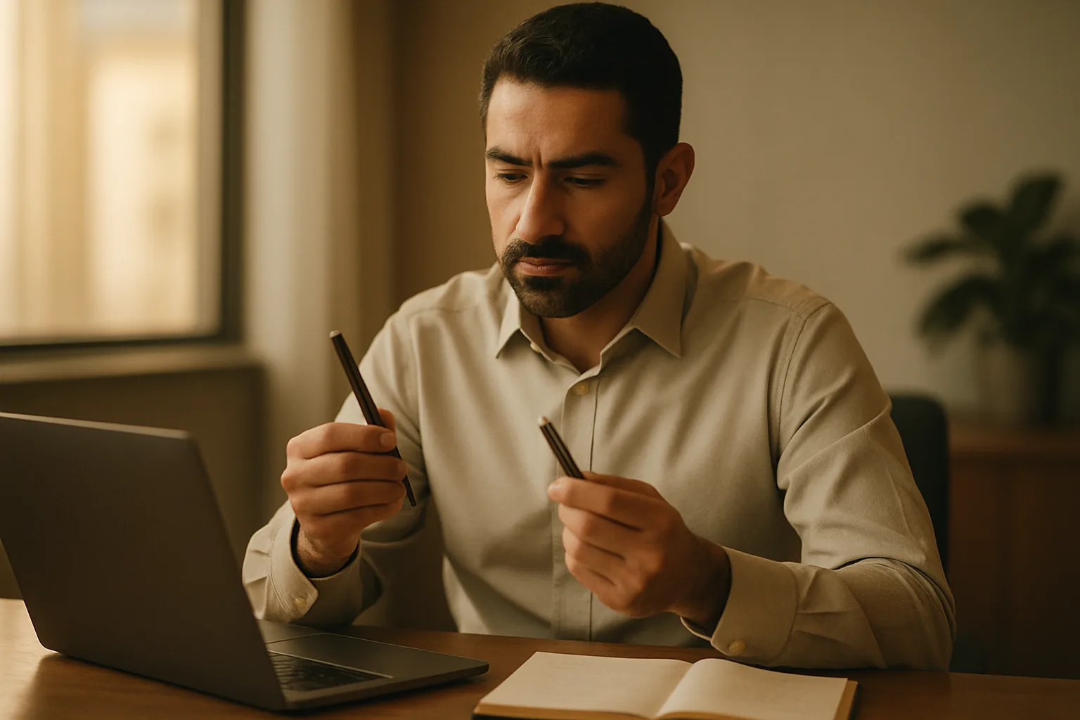 A professional weighing two tools at a desk — choosing the right AI customer-service product.