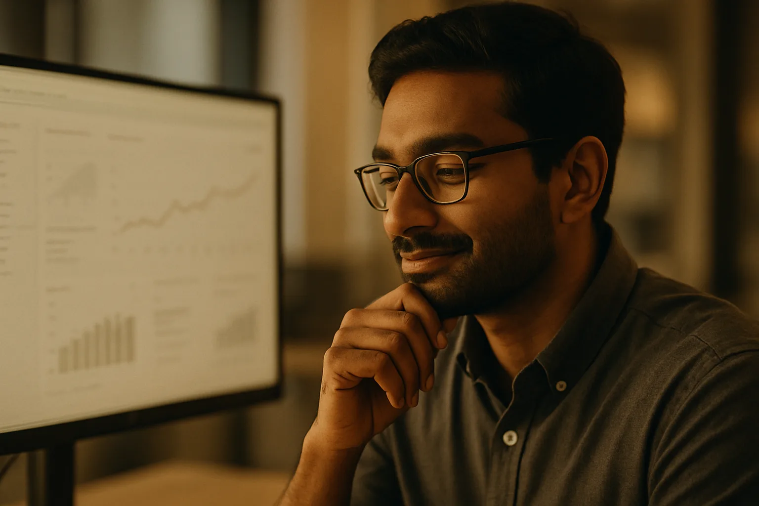 An analyst studying trends on a monitor with a moment of insight.