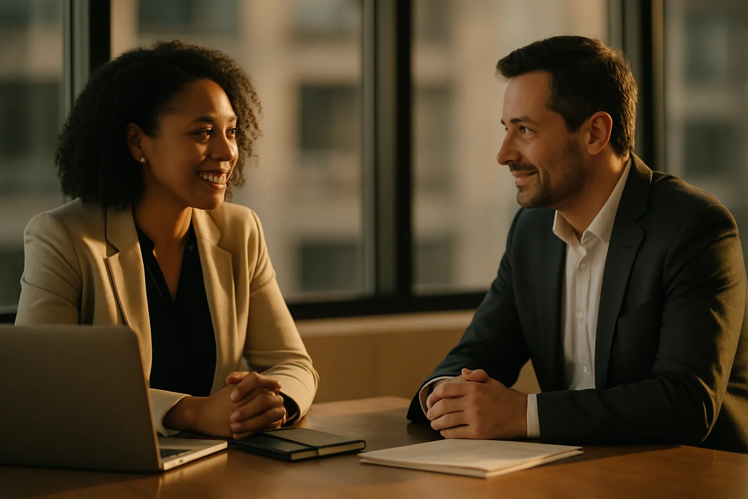 Two professionals in a calm conversation scoping a deal across a table.