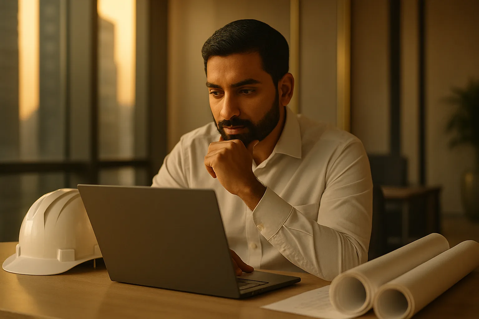 A fire-safety project engineer reviewing fire-protection plans and inquiries on a laptop in a modern UAE office.