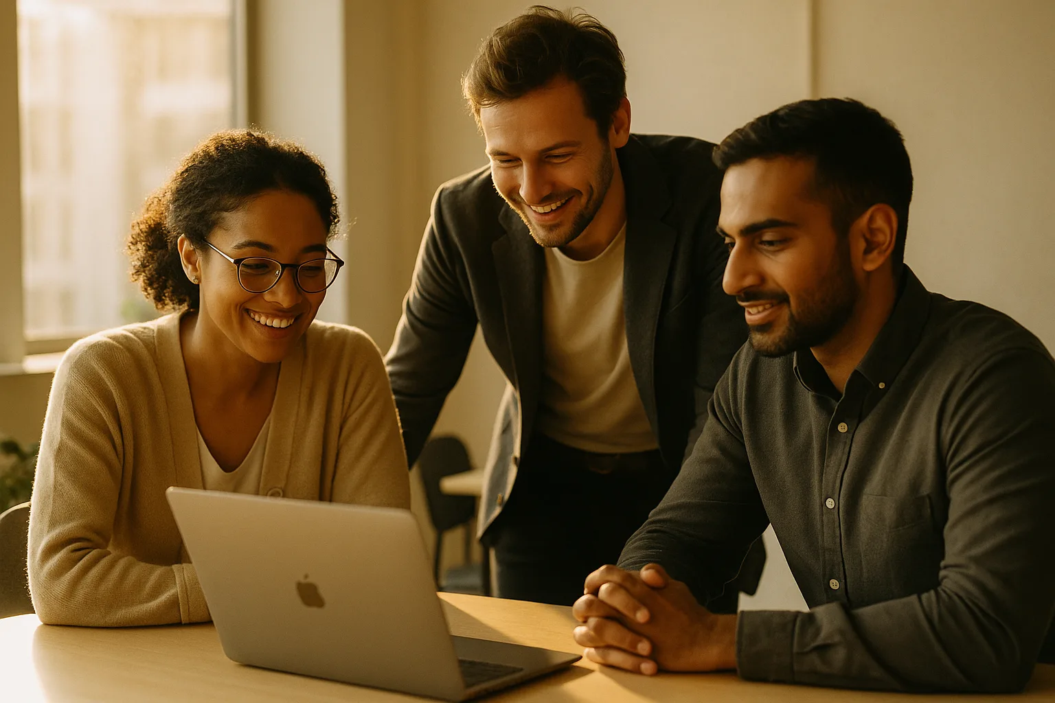 The Dendrites AI team collaborating around a laptop in a warm, light-filled office.