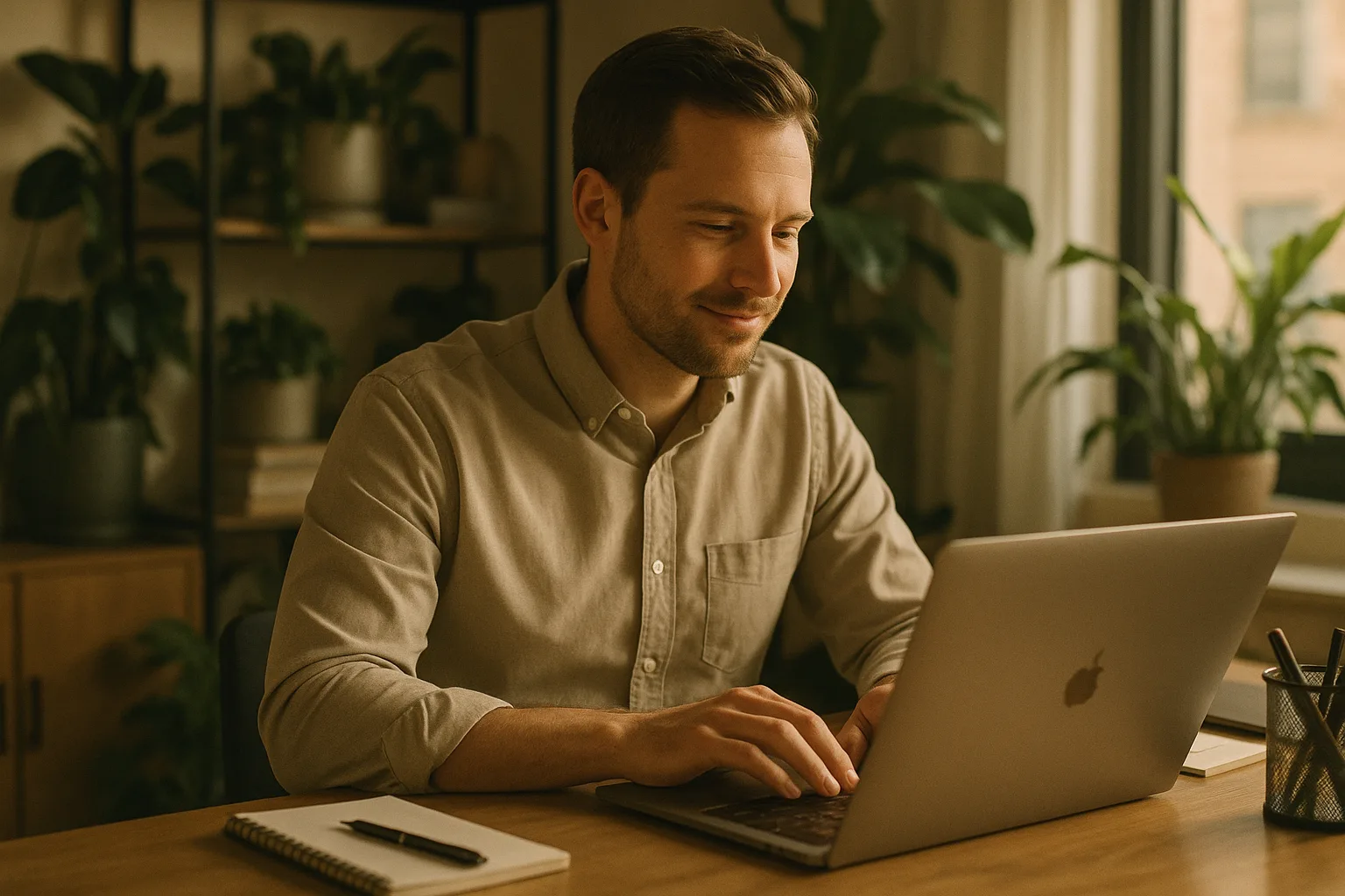 A customer-operations professional working calmly on a laptop in a warm, plant-filled modern office.