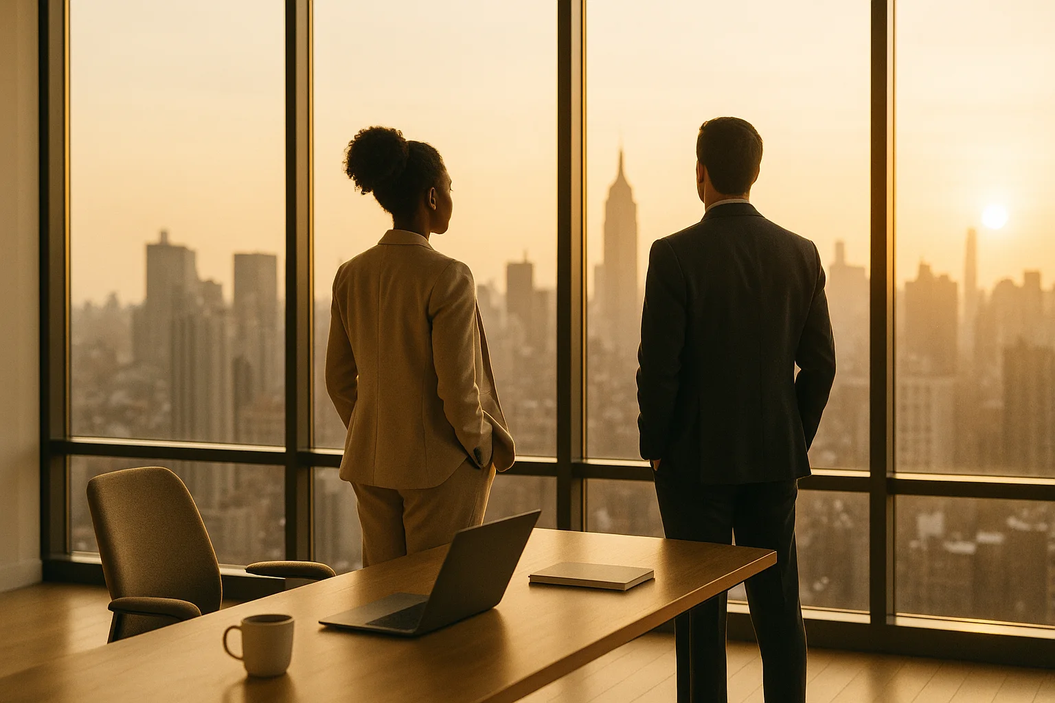 Two colleagues looking out over a city skyline at golden hour — the operation behind a growing business.