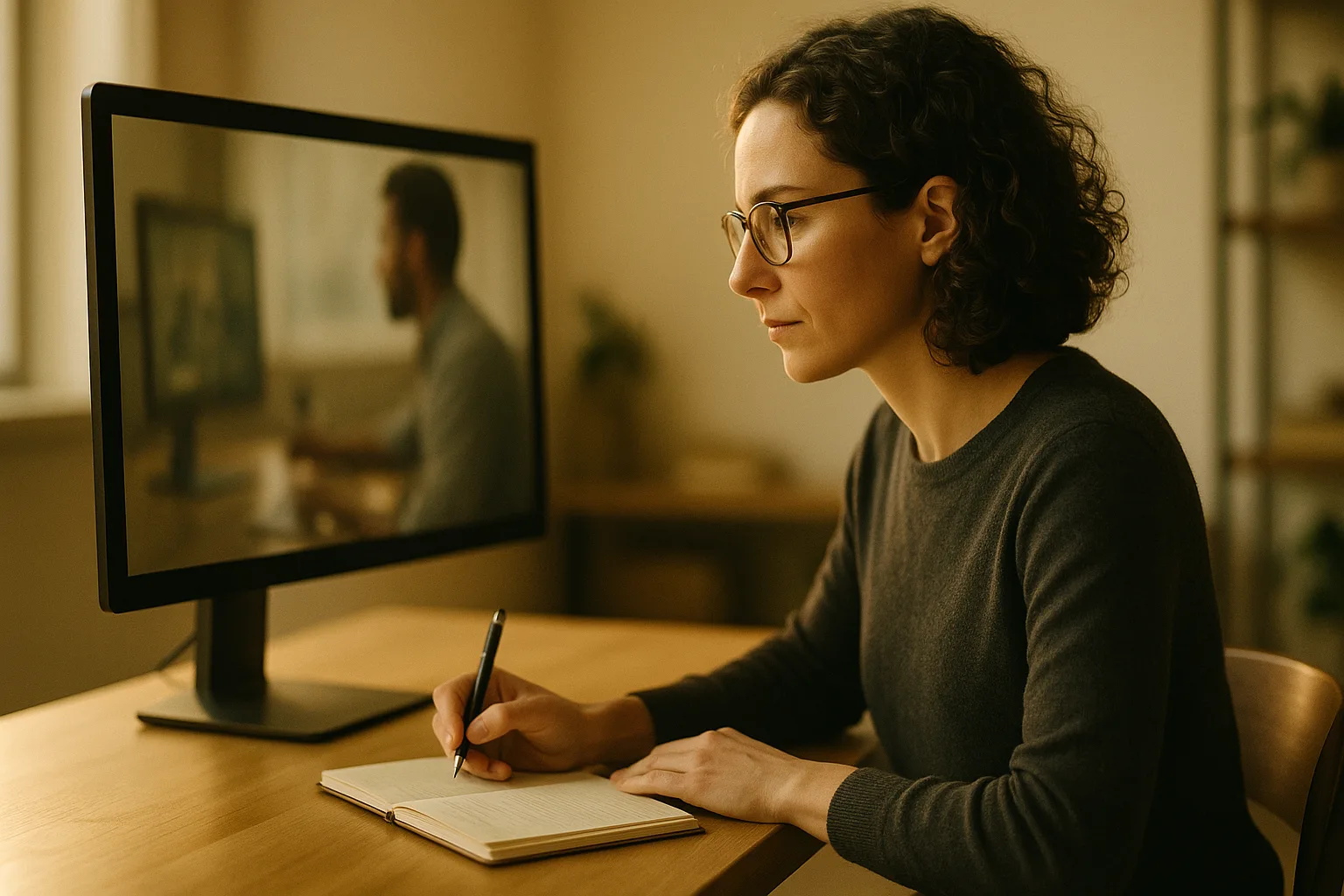 A UX researcher reviewing video footage on a monitor and taking handwritten notes in a calm, quiet studio.