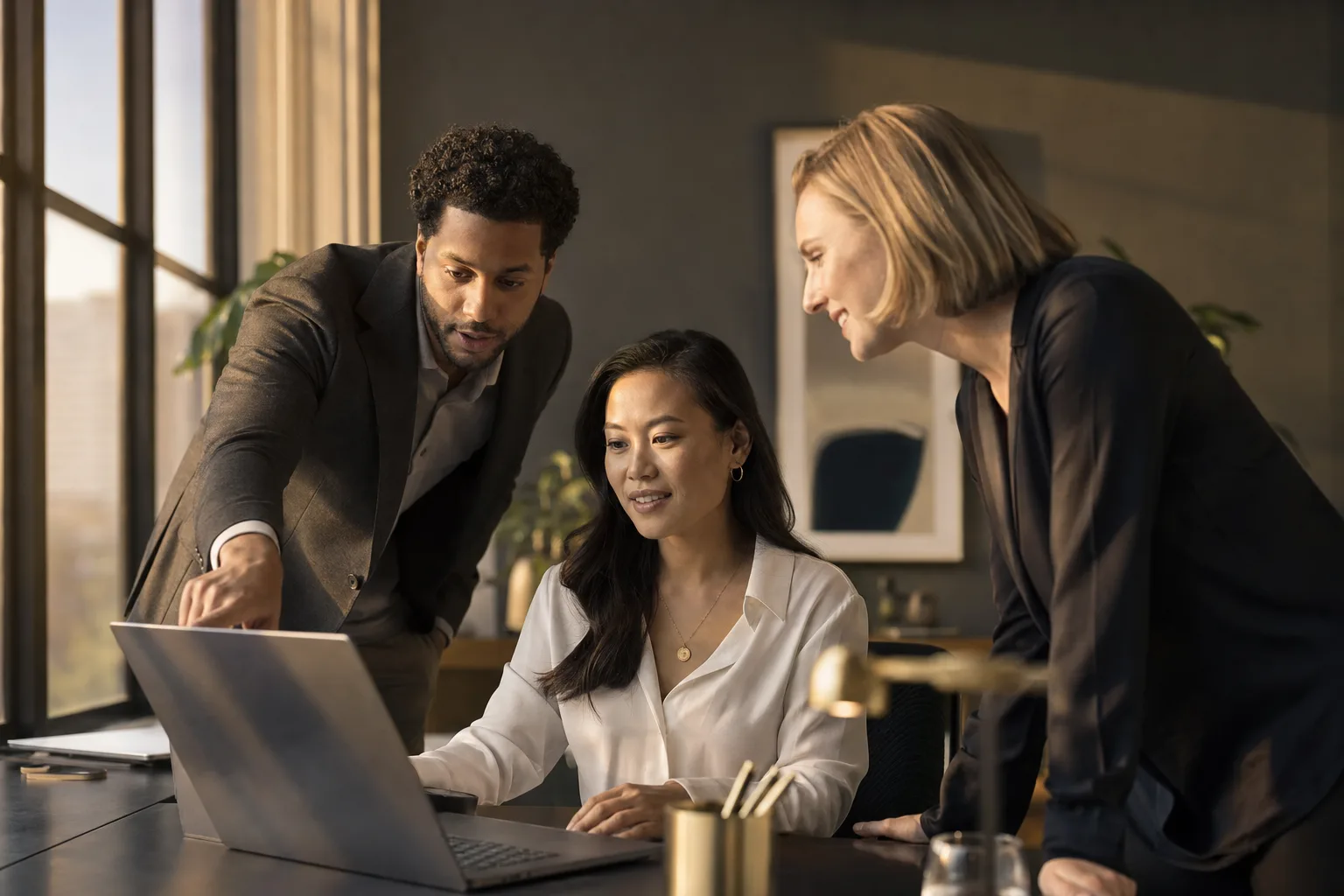 Three colleagues reviewing work together on a laptop in a warm, modern office.
