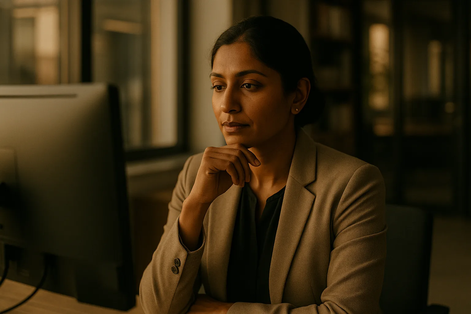A professional reviewing information attentively at a monitor in a calm, secure, orderly office.