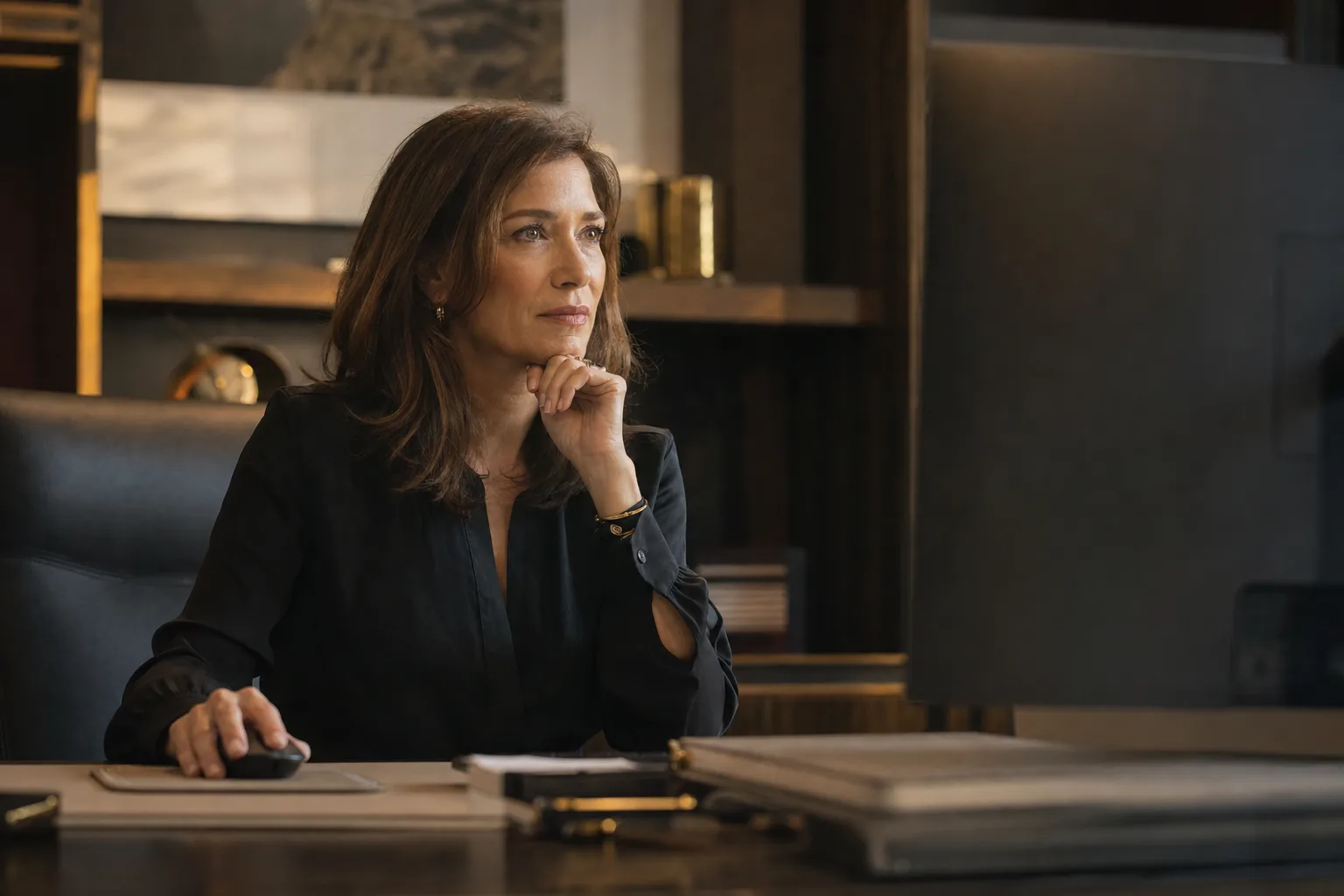 A manager reviewing a request on screen with a thoughtful expression, making a decision.