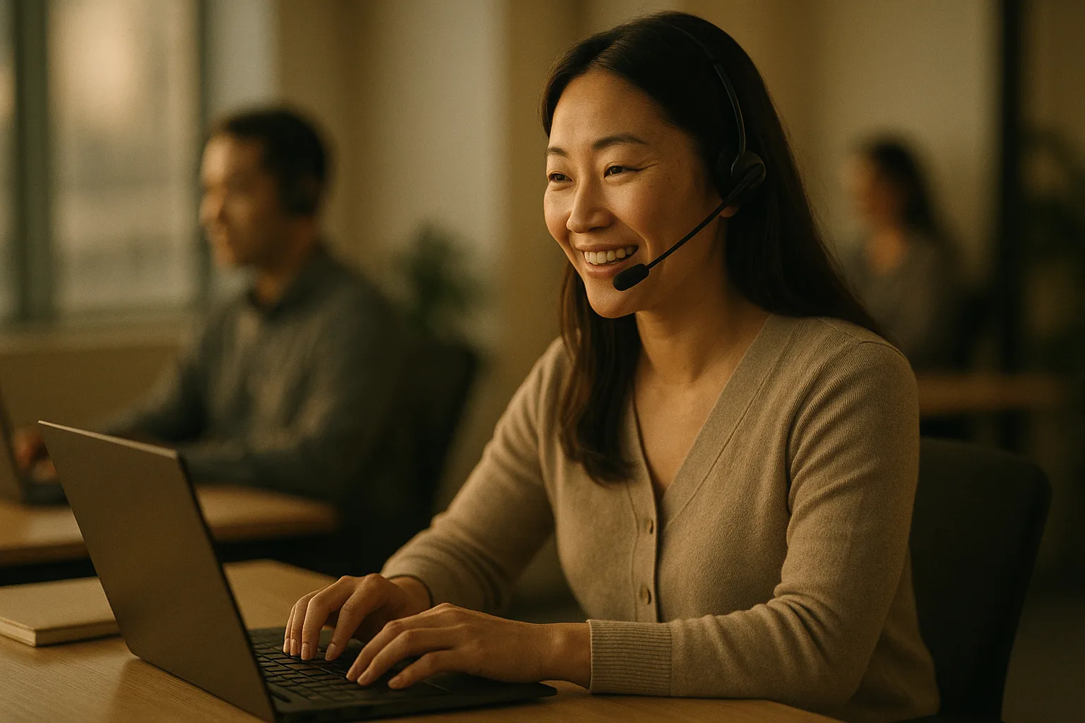 A professional describing a request aloud while glancing at her laptop, mid-conversation, a colleague at work behind her.