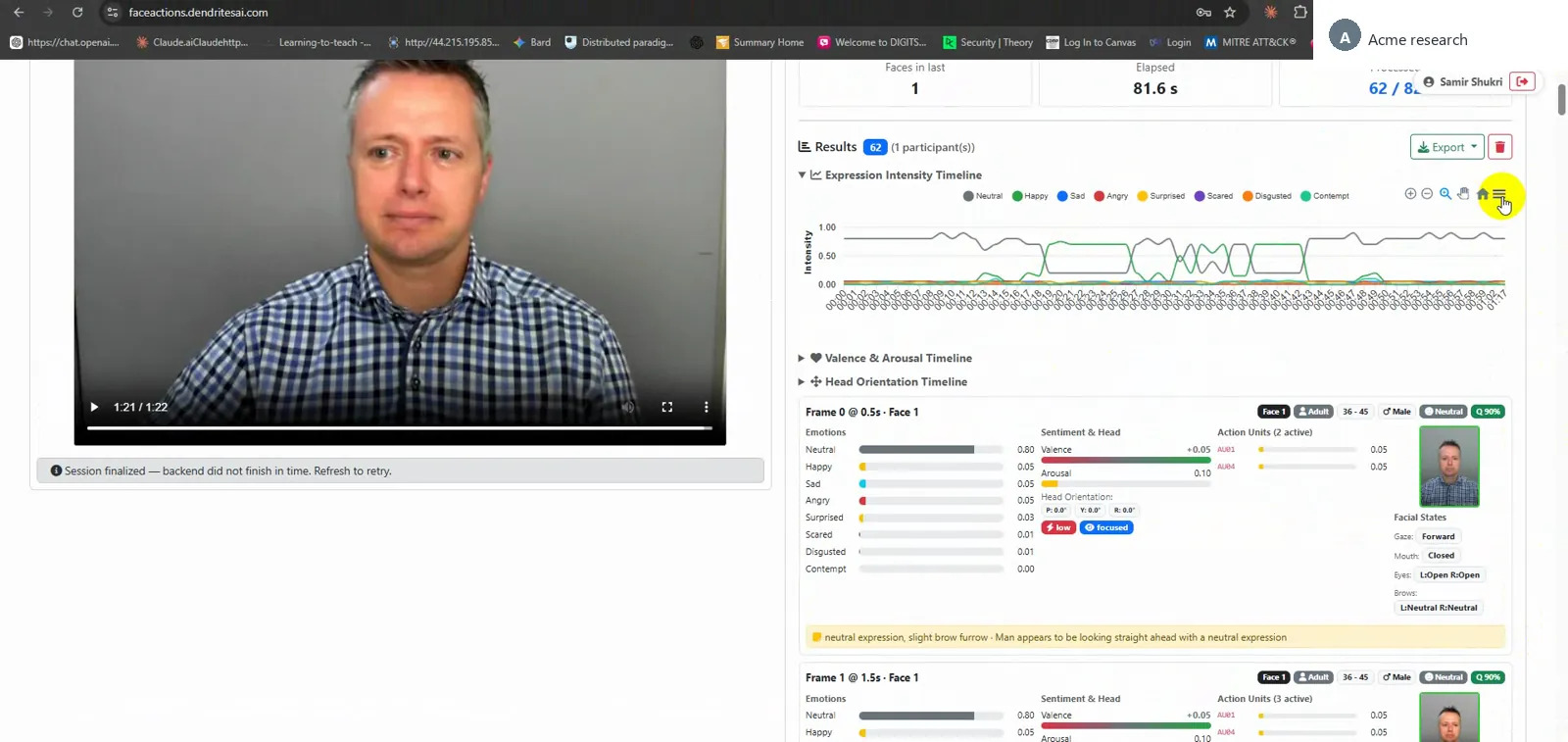 FaceActions session view — video player on the left, Expression Intensity Timeline chart on the right with eight emotion classes plotted across 81.6 seconds. Below: per-frame breakdown.