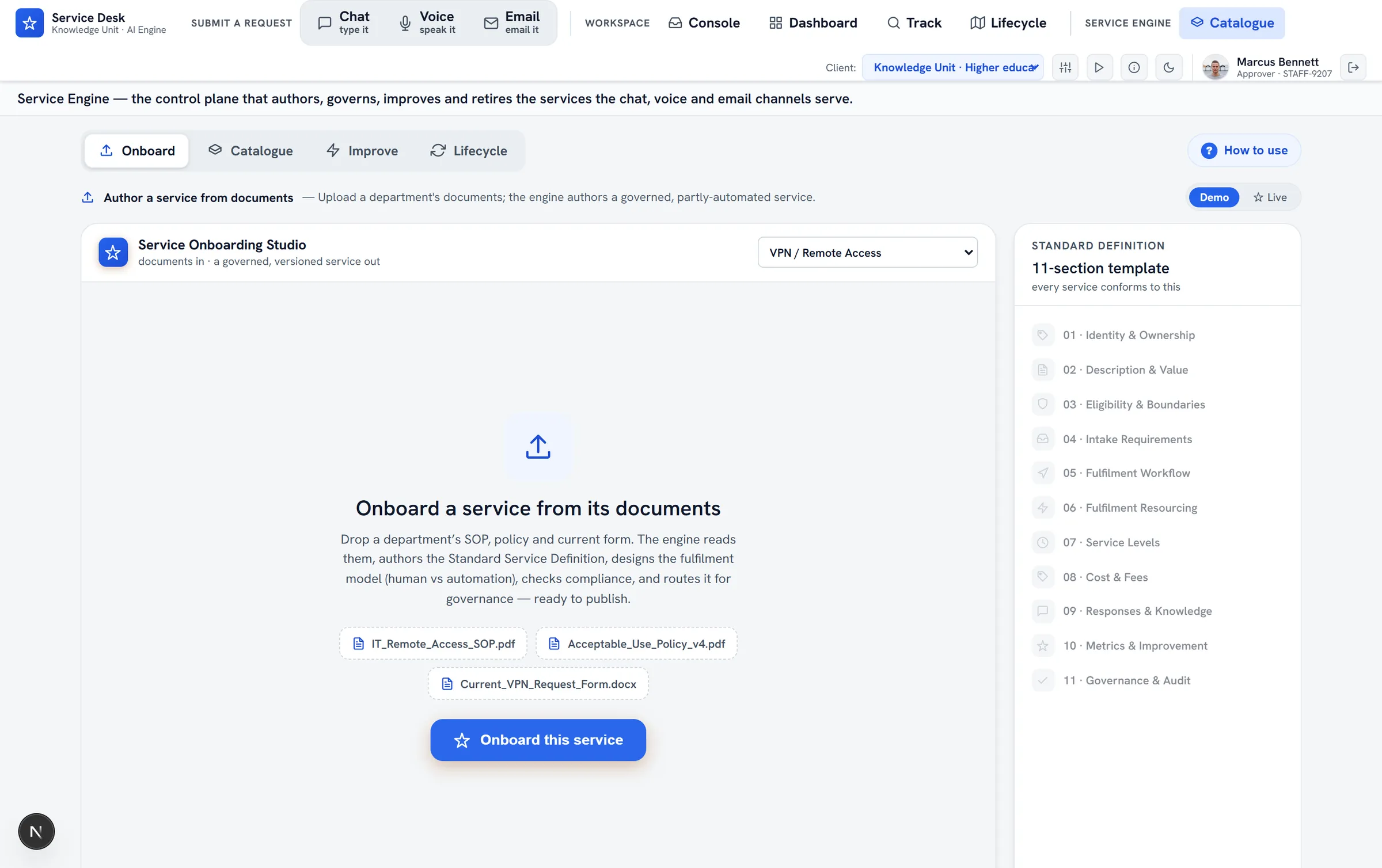 ServiceOrbit Service Engine — the 'Onboard a service from its documents' screen: drop a department's SOP, policy and request form, and the engine authors a governed Standard Service Definition against an 11-section template, ready to publish.