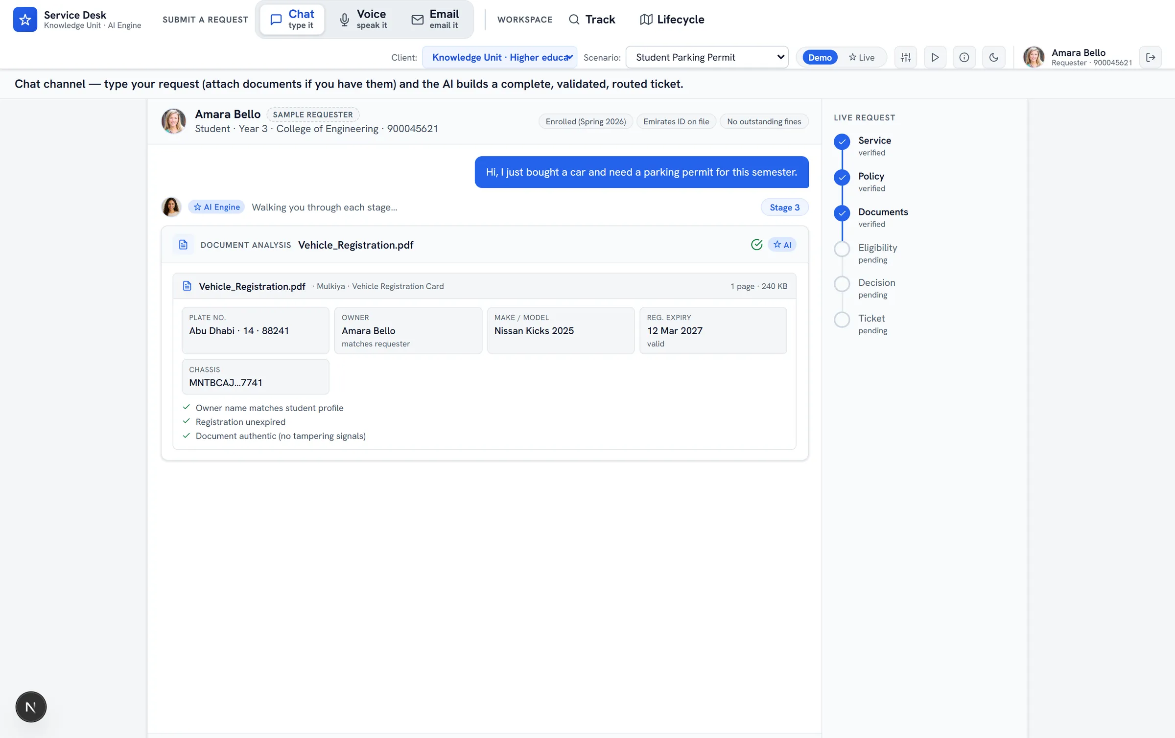 ServiceOrbit Chat channel — the assistant grounds the request in policy, lists the matching clauses, and auto-assembles the requirements checklist while the live-request stages verify on the right.
