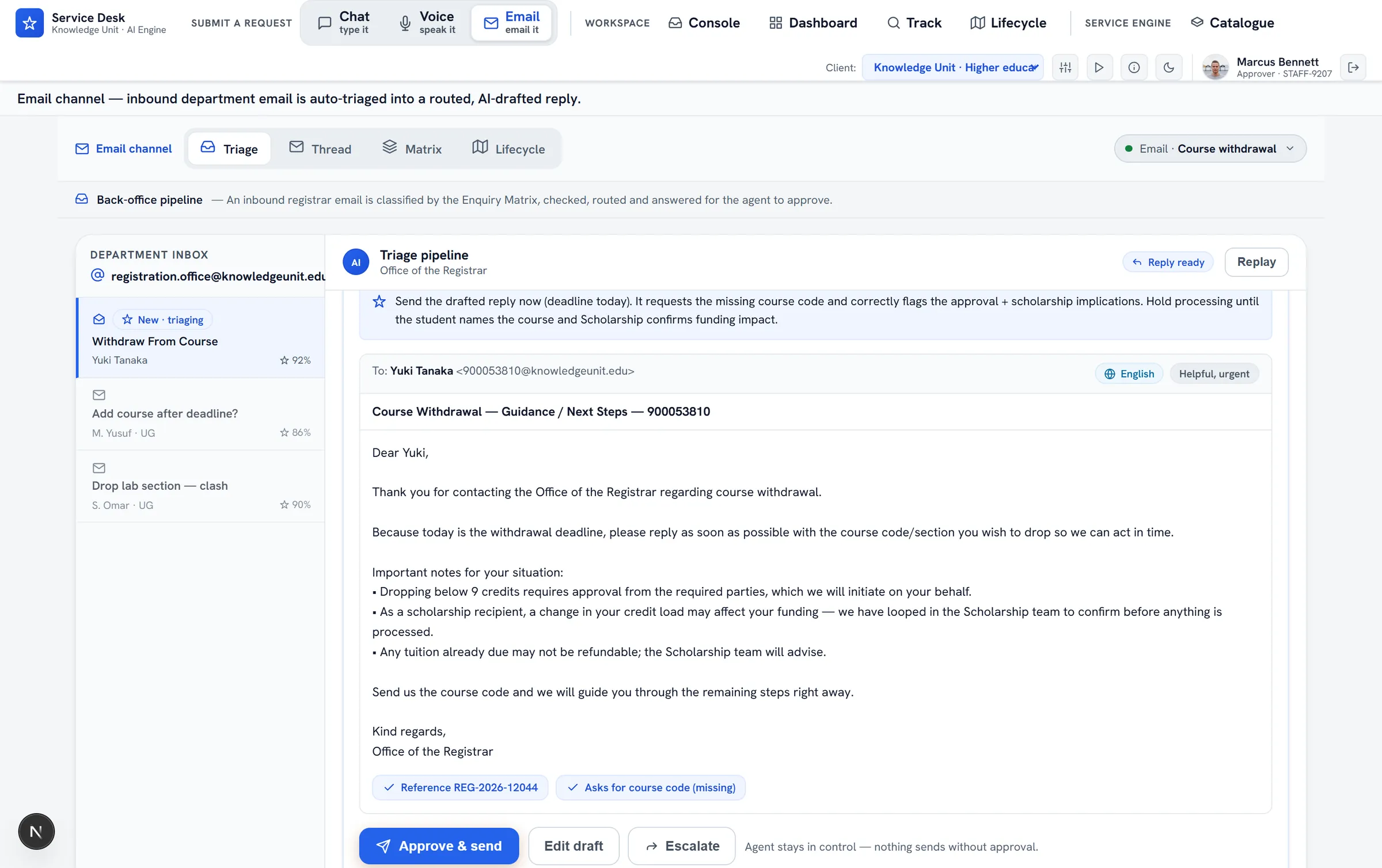 ServiceOrbit Email channel — an inbound department email triaged into a routed, policy-aware AI-drafted reply; the agent can approve & send, edit, or escalate, and nothing sends without approval.