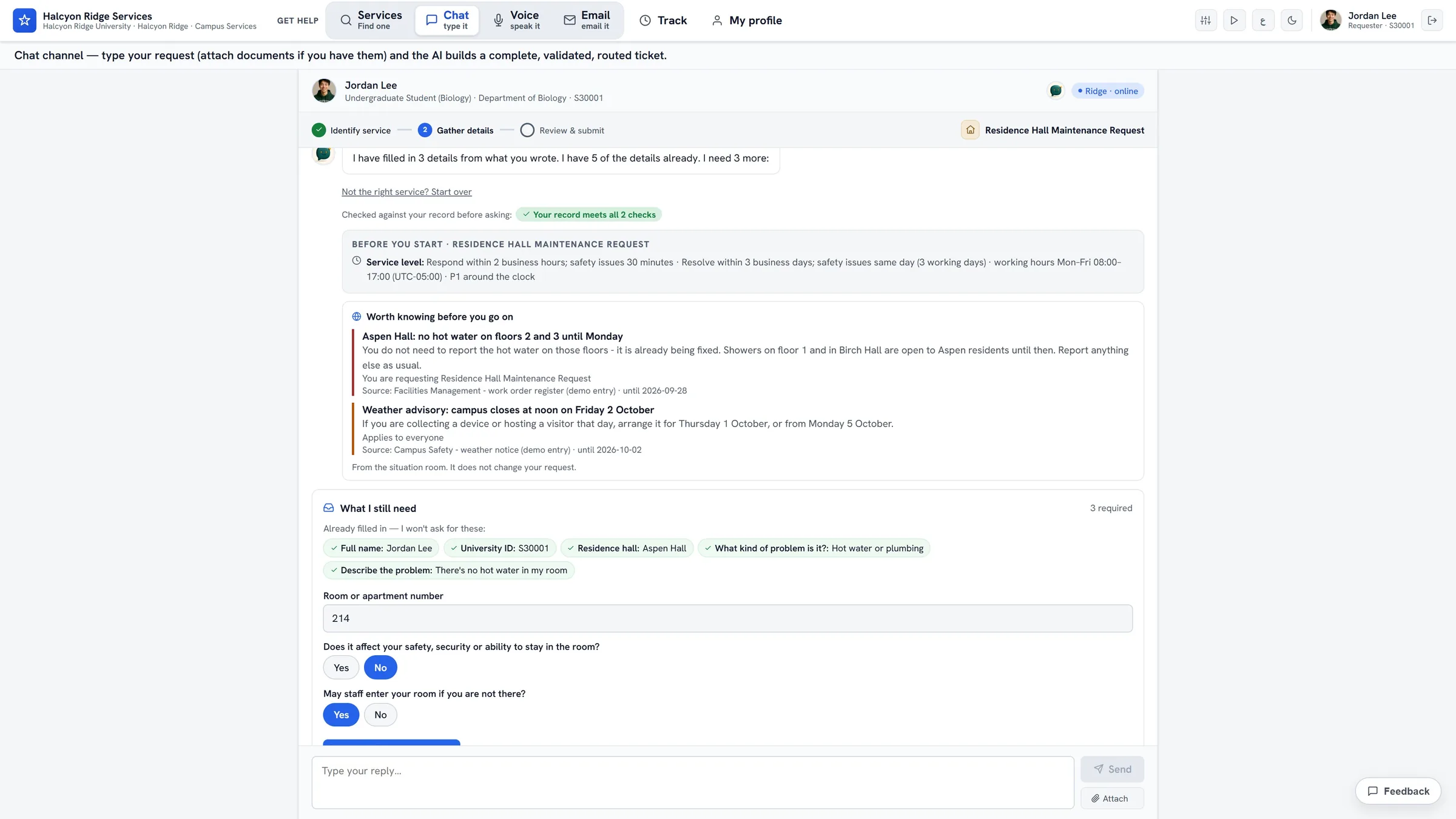 ServiceOrbit Chat channel — the assistant grounds the request in policy, lists the matching clauses, and auto-assembles the requirements checklist while the live-request stages verify on the right.