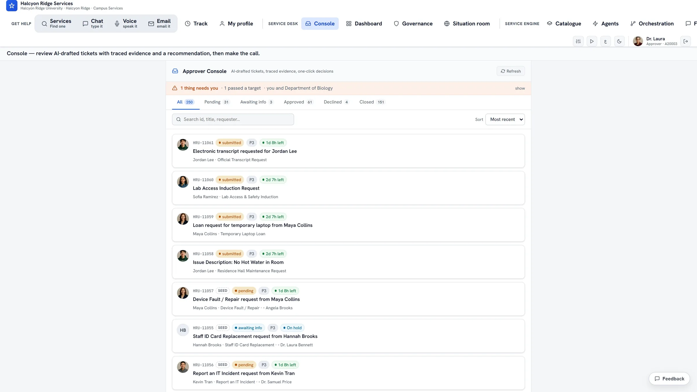 ServiceOrbit Console queue — the approver's inbox: every AI-drafted ticket with its status and SLA countdown, filterable by Pending, Awaiting info, Approved, Declined and Closed.