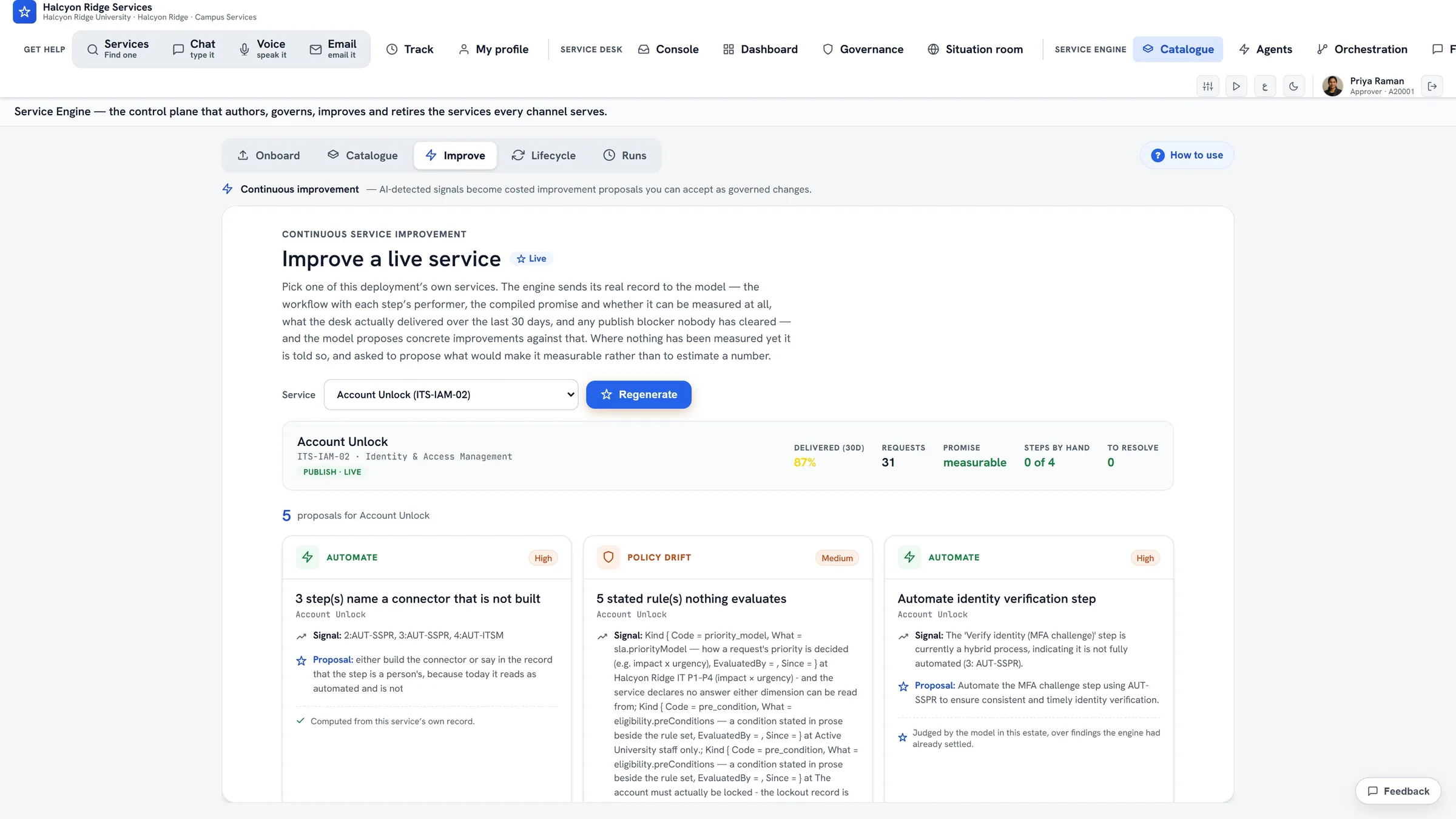 ServiceOrbit continuous improvement — 'Improve a live service': the engine reads one service's own record (what it delivered over 30 days, its promise, the steps still done by hand) and proposes changes, each with the signal behind it, for a person to accept or decline.