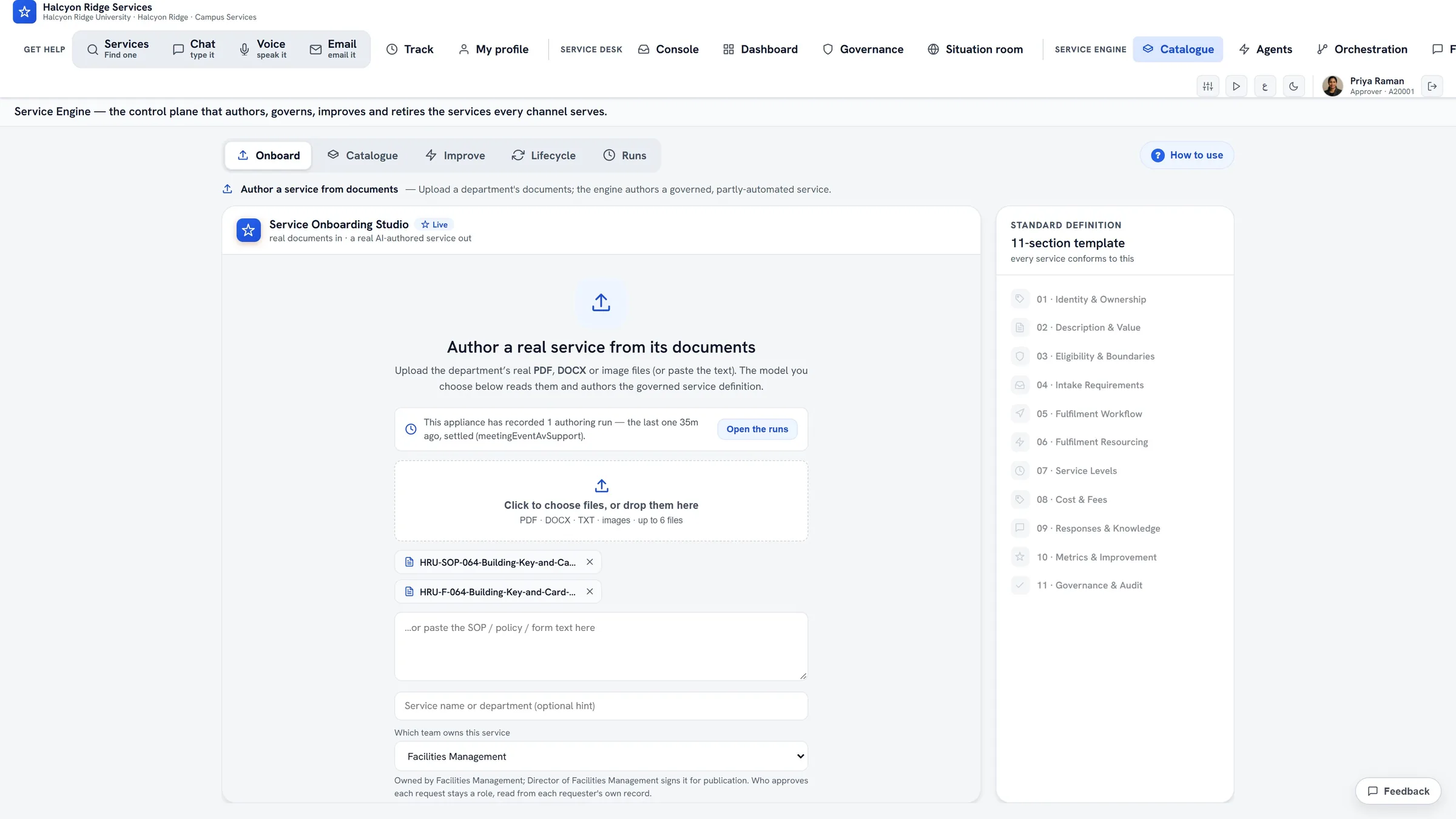 ServiceOrbit Service Engine — the 'Onboard a service from its documents' screen: drop a department's SOP, policy and request form, and the engine authors a governed Standard Service Definition against an 11-section template, ready to publish.