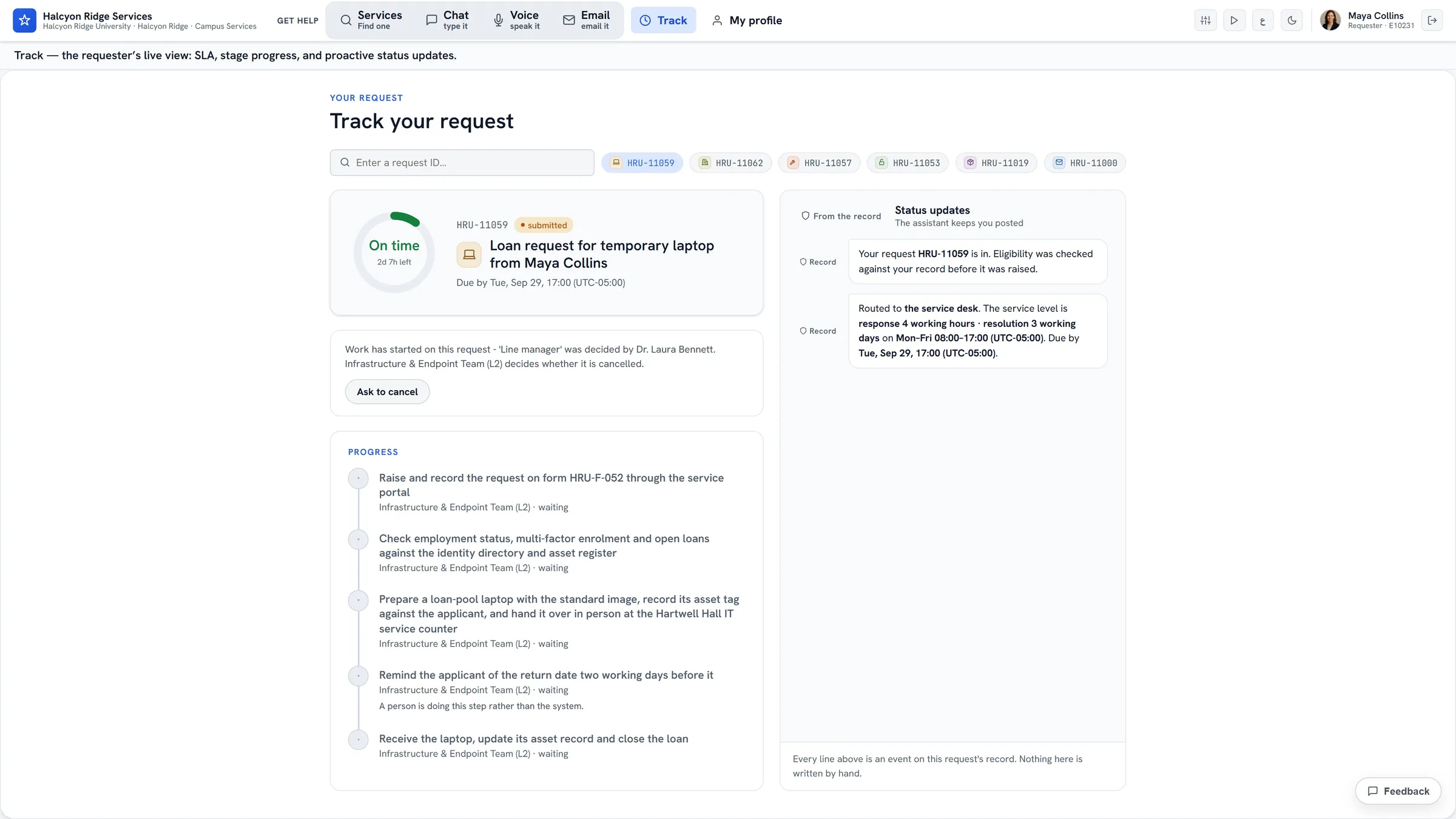 ServiceOrbit Track — the requester's live status page: an SLA ring, stage-by-stage progress, and a proactive chat thread of status updates from the assistant.