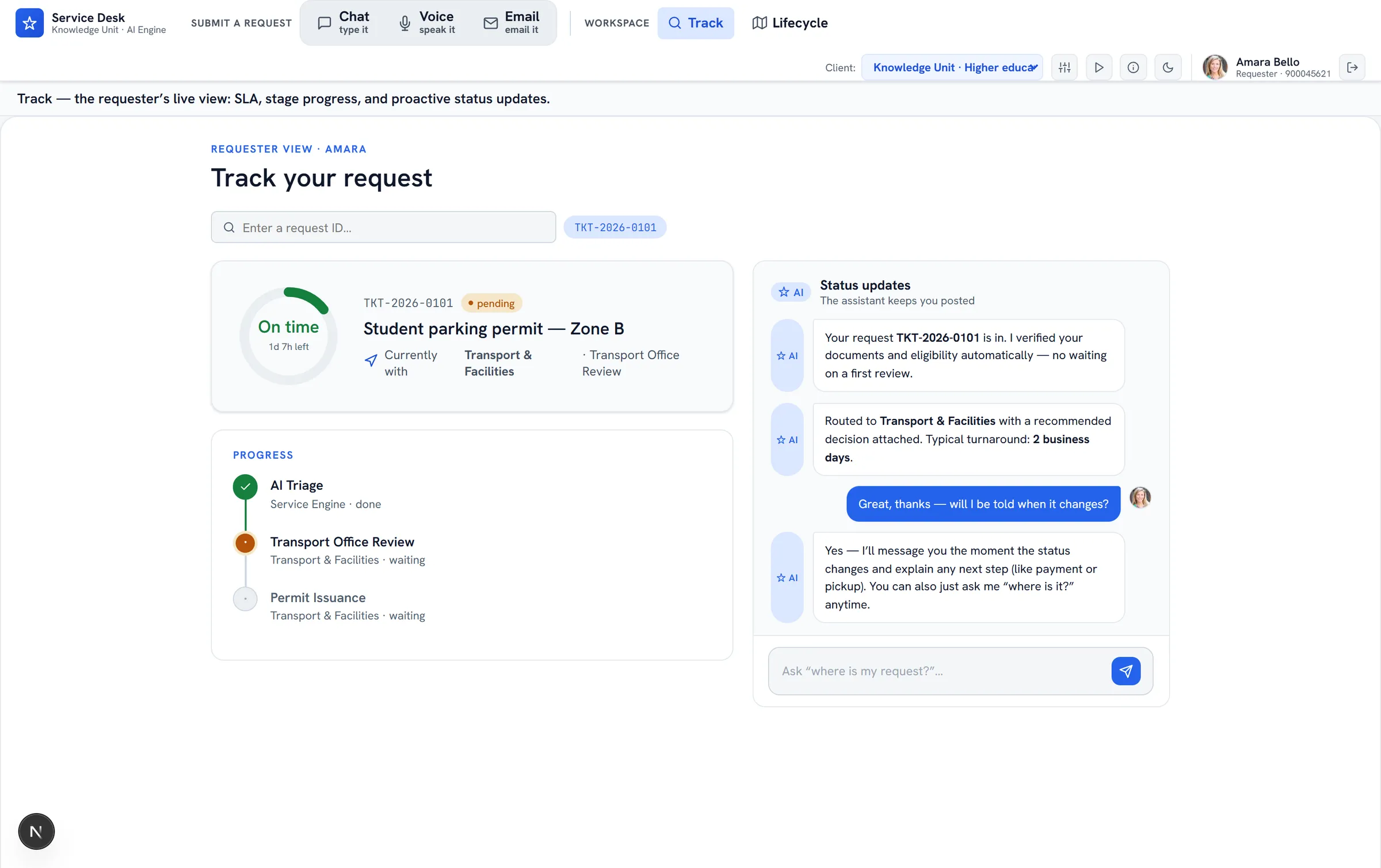 ServiceOrbit Track — the requester's live status page: an SLA ring, stage-by-stage progress, and a proactive chat thread of status updates from the assistant.