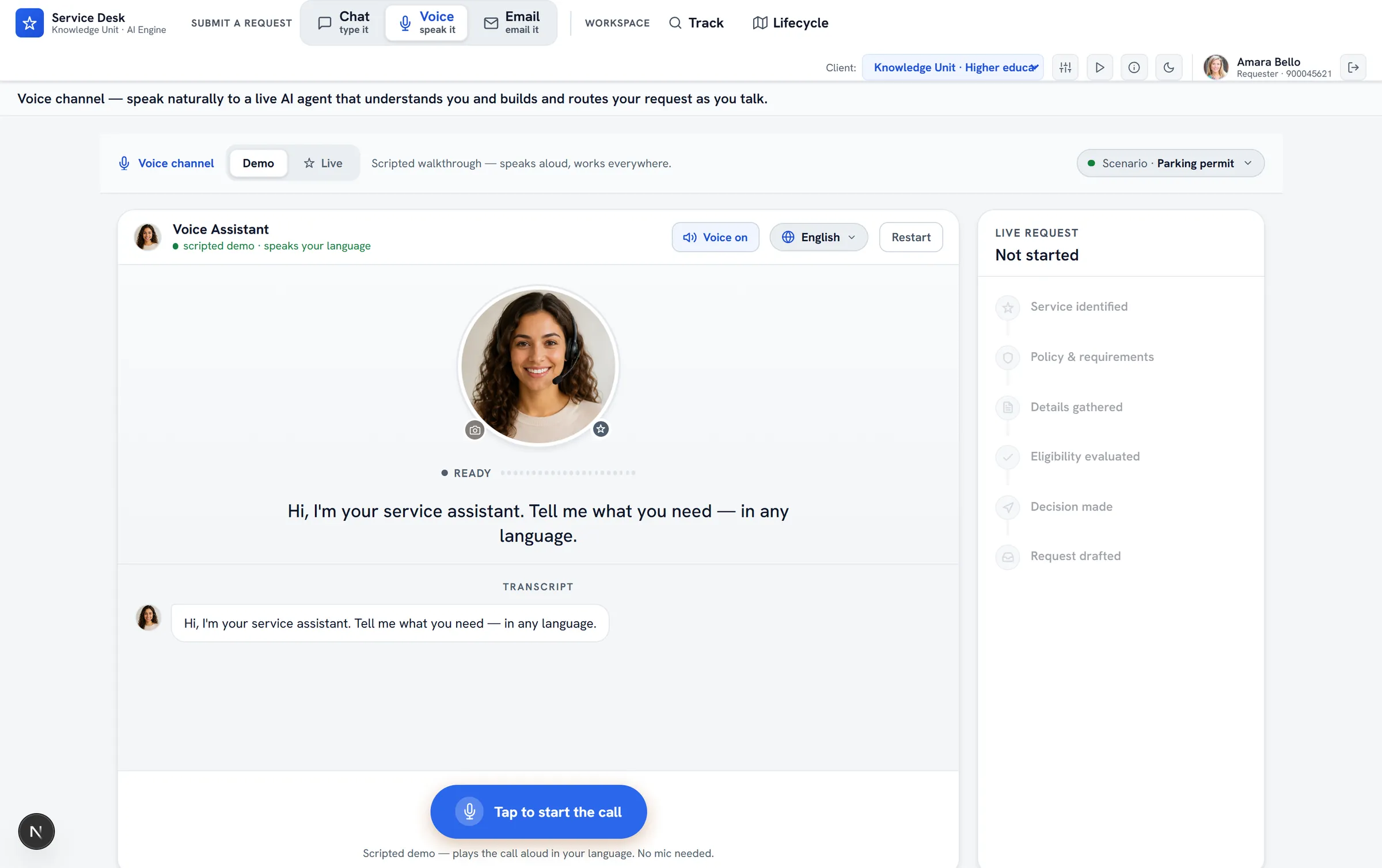 ServiceOrbit Voice channel — a live speech-to-speech assistant with an avatar, a running transcript, and a 'tap to start the call' control, building the request as the caller talks.