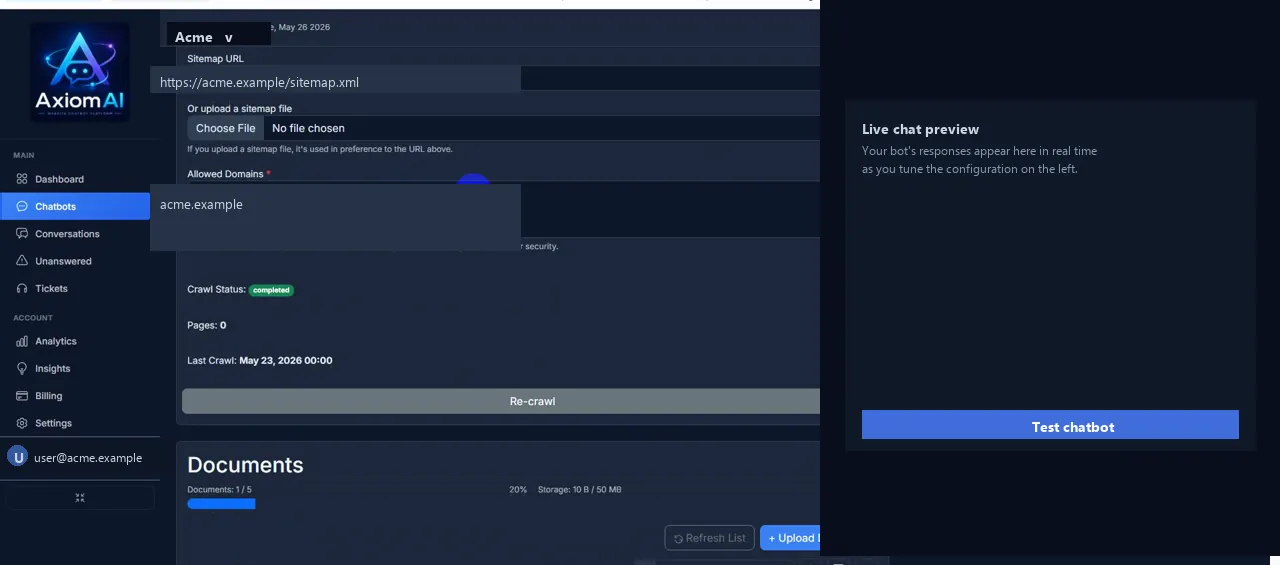 AxiomAI portal — Chatbot configuration page. Sitemap URL field, file upload for documents, Allowed Domains list, crawl status with last-crawl timestamp, document count, and a live chat preview on the right.