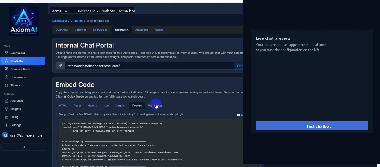 AxiomAI portal — Integration page. Internal Chat Portal URL, plus an Embed Code panel with tabs for HTML, React, Next.js, Vue, Angular, Python, WordPress, Shopify.