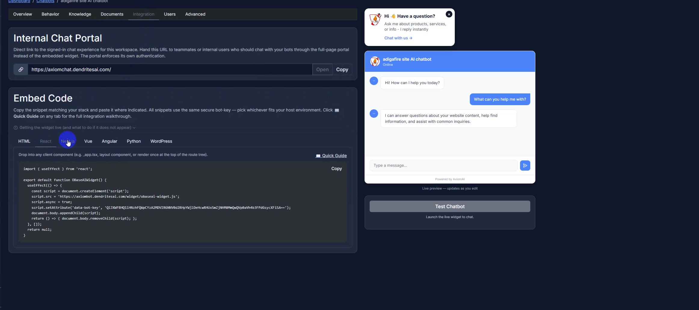 AxiomAI portal — Integration page. Internal Chat Portal URL, plus an Embed Code panel with tabs for HTML, React, Next.js, Vue, Angular, Python, and WordPress, a React snippet open, and a live chat preview on the right.