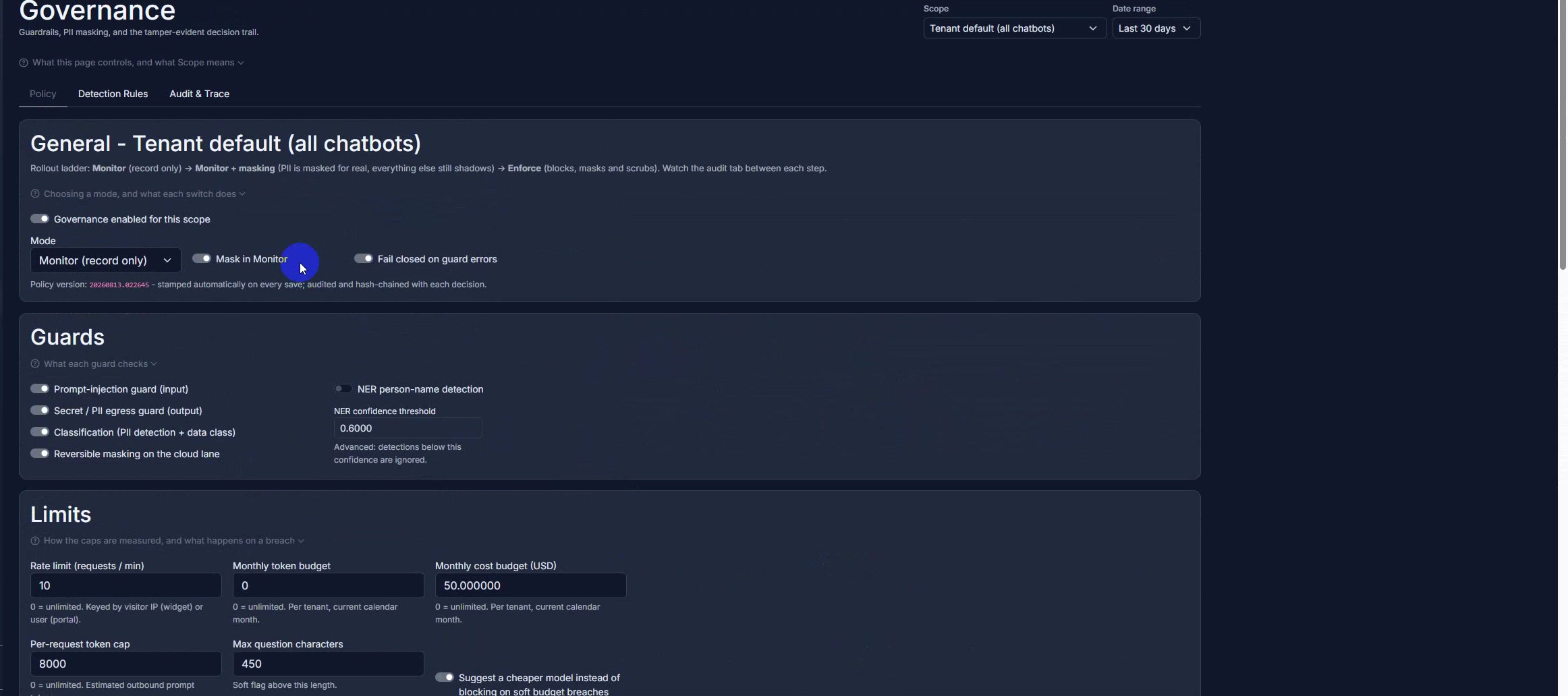 AxiomAI portal — Governance workspace with policy modes from Monitor to Enforce, prompt-injection and PII guard toggles, reversible masking, and rate, token, and cost limits.