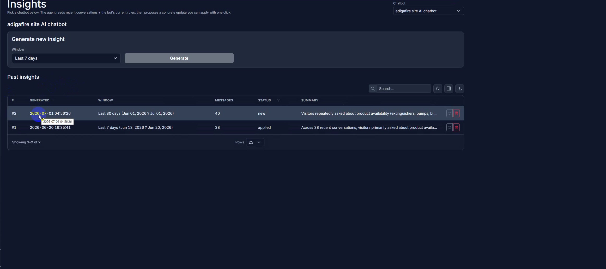 AxiomAI portal — Insights workspace with a Generate-new-insight panel and a window selector, above a past-insights table listing each insight's window, message count, status (new or applied), and summary.