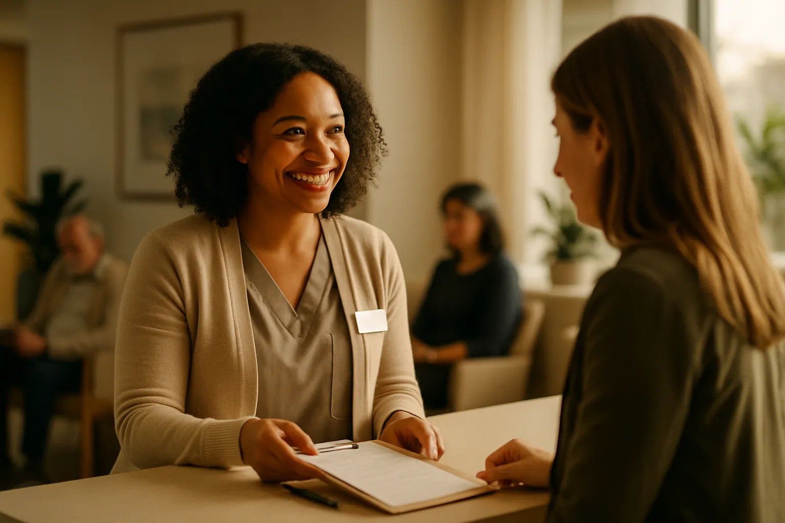 A clinic front-desk coordinator helping a patient at check-in in a bright waiting room.