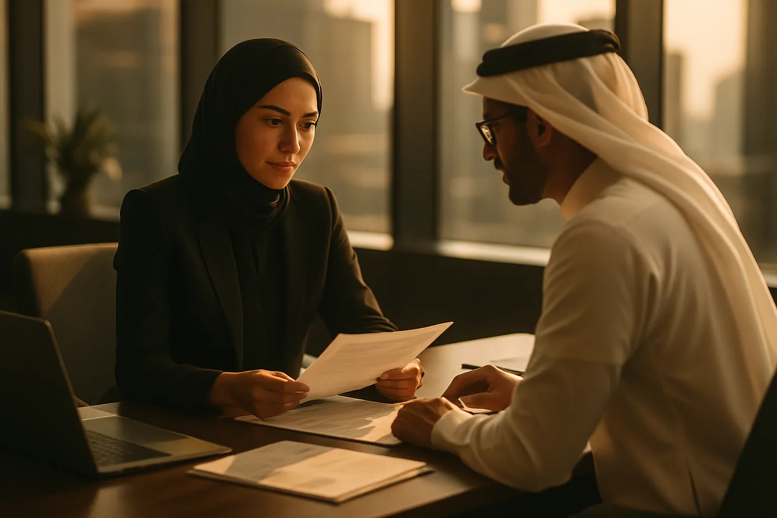 A compliance consultant assisting a client with tax and licensing paperwork in a modern advisory office.