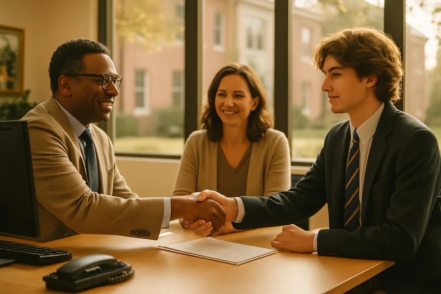 A school admissions officer welcoming a parent and prospective student at a bright campus front office.