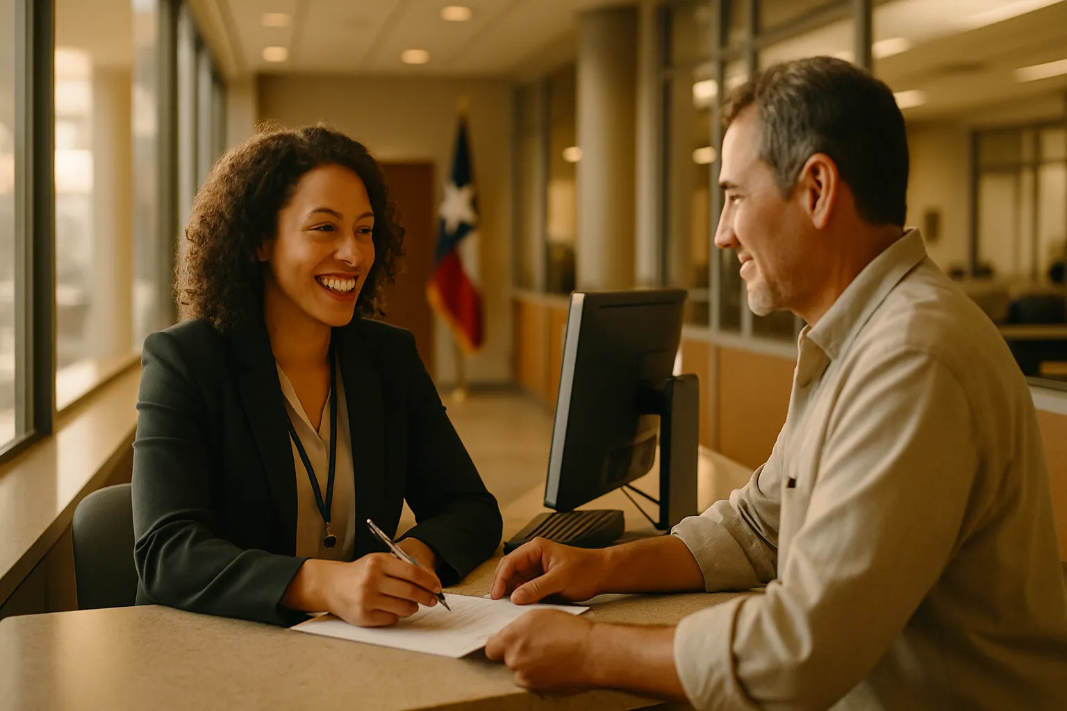 A city-hall staff member helping a resident at a bright public service counter.