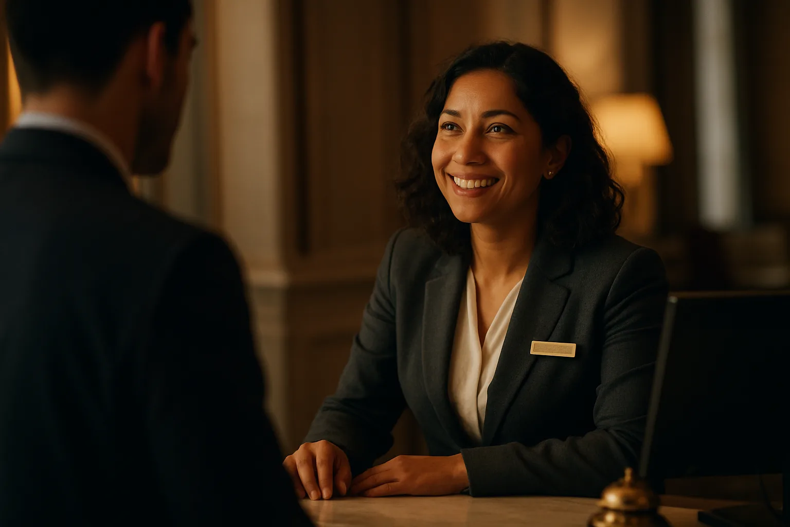 A hotel concierge warmly welcoming a guest at an elegant reception desk.