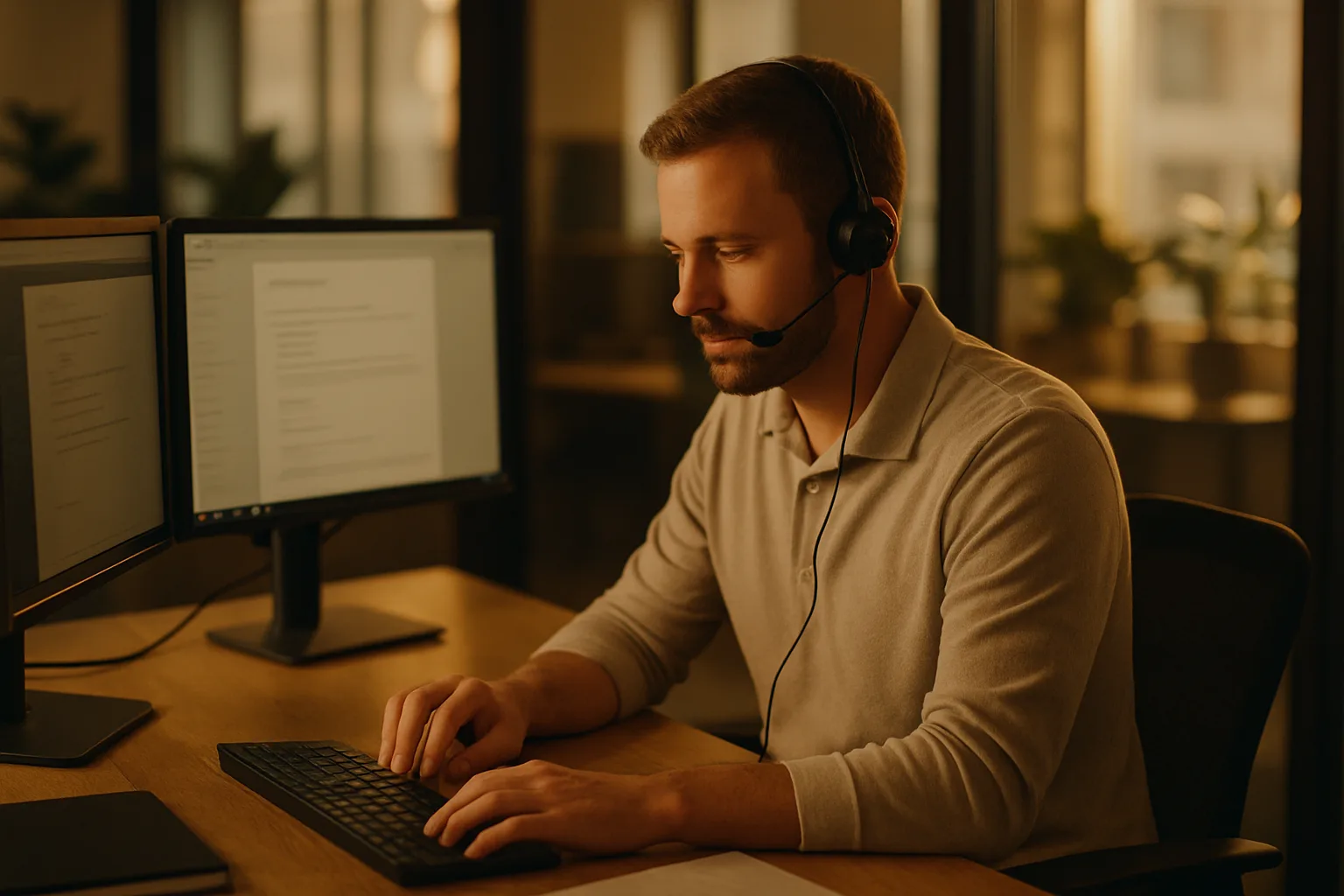 An IT support specialist resolving a service request at a desk with monitors.