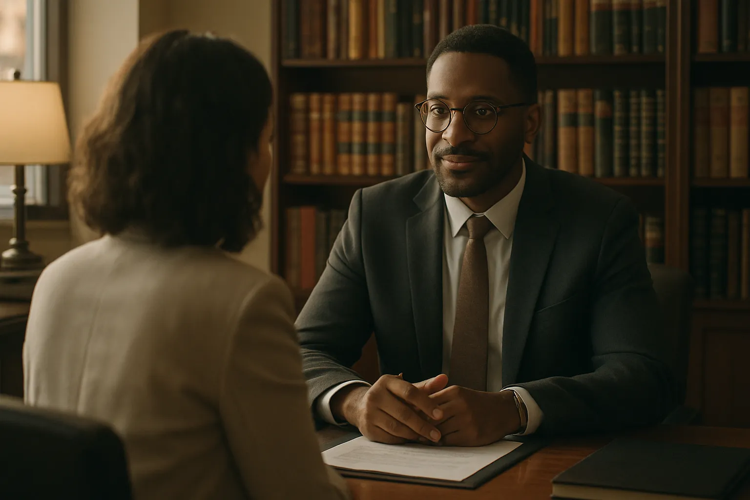 An attorney meeting a new client across a desk in a small law office.