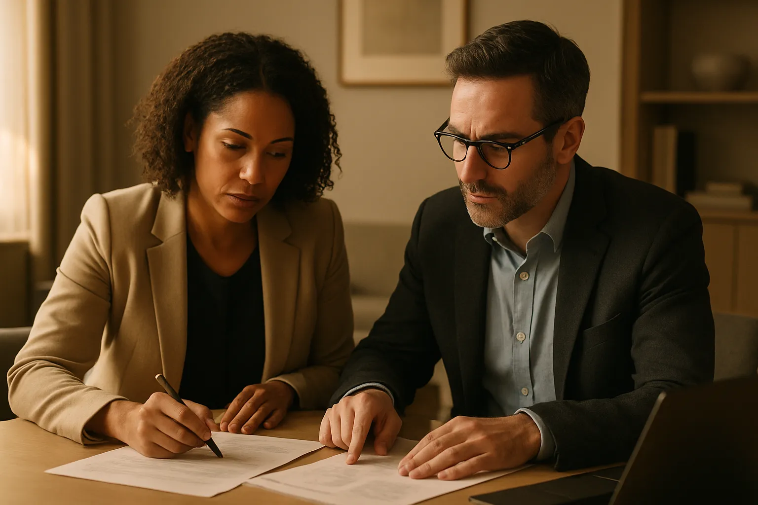 Two consultants reviewing documents together at a meeting table.