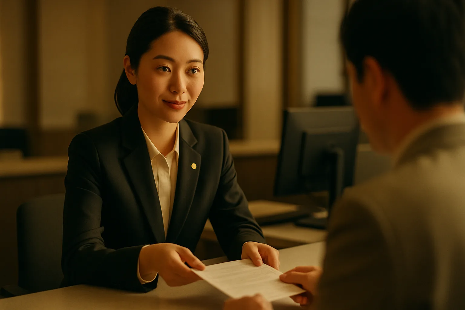 A service officer assisting a client with paperwork at a counter.