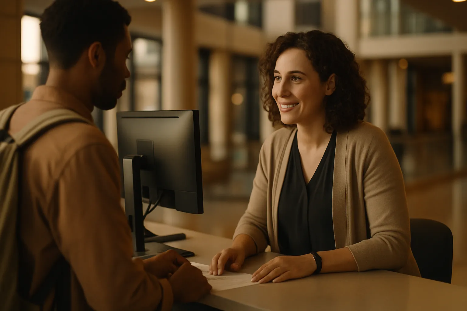 A university help-desk staff member assisting a student at a service counter.